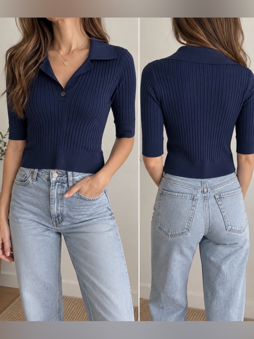 FRAY I.D Navy Ribbed Knit Polo Top Cropped 3/4 Sleeve Quiet Luxury Preppy